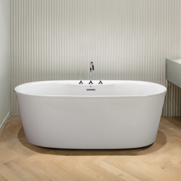 Adel Oval Freestanding Bath with Angled Sides, Flat Overlapping Rim, Faucets in Deck