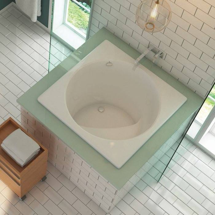 Beverly 4040 Drop-in Square Japanese Tub Installed in a Surround to Appear to be Freestanding