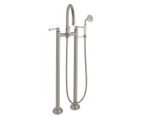 Traditional Curving Spout, White Lever Handles, 2 Leg Freestanding Tub Filler with Handshower