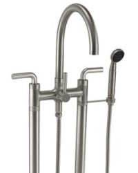 2 Leg Freestanding Tub Filler with Curving Spout, Industrial Lever Handles and Handshower