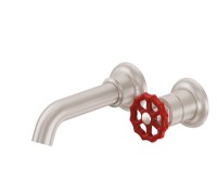 2 Hole, Single Handle Wall Faucet, Industrial Red Wheel Handle