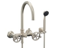 Tall Curving Spout Wallmount Tub Filler with Wheel Handle Handshower on a Hook