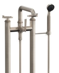 Low Squared Spout 2 Leg Freestanding Tub Filler with Handshower, Industrial Handles