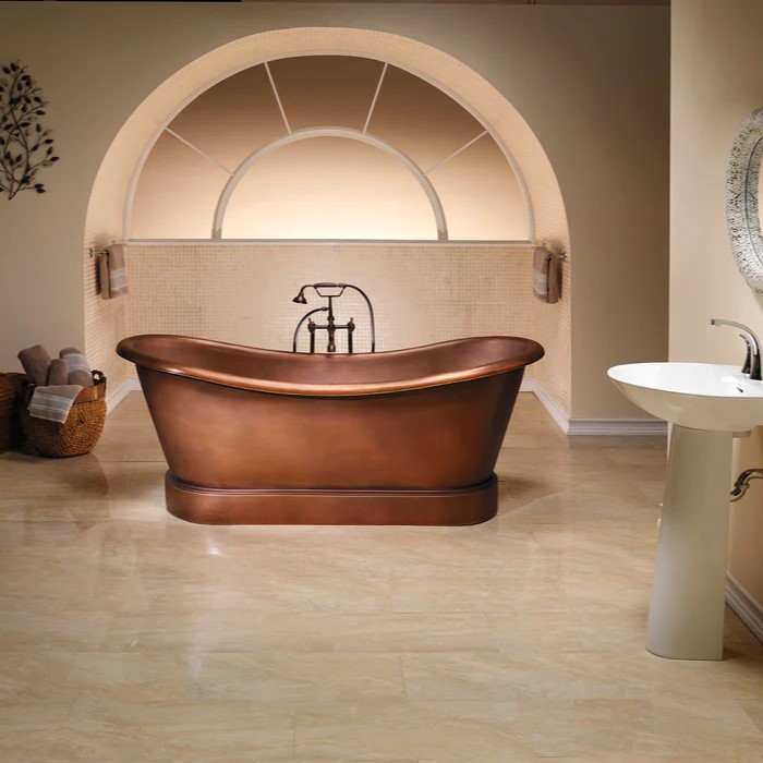 Oval Double Slipper Copper Tub with Modern Pedestal