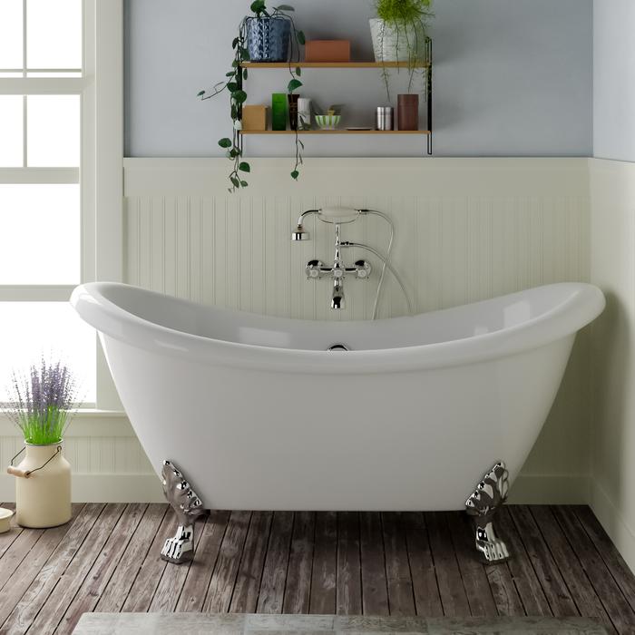 Meryl Rolled Rim Double Slipper with Wall Mounted Tub Filler and Drain