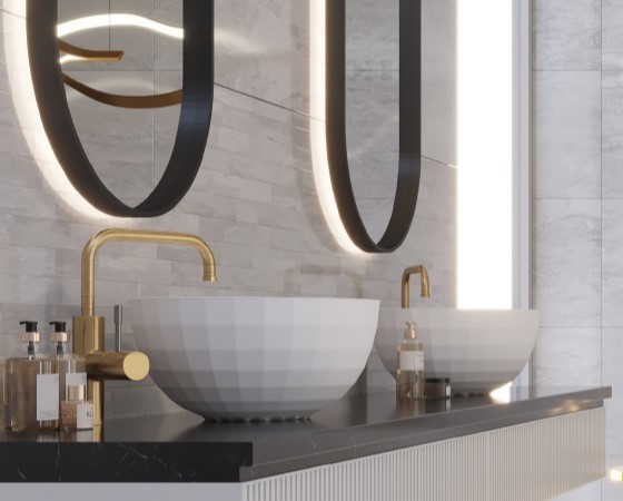 2 Round Vessel Mineral Composite Sinks with Window Pane Design