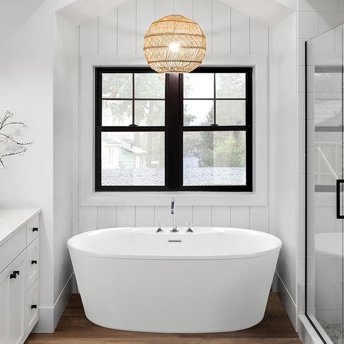 Adel Oval Freestanding Bath with Angled Sides, Flat Overlapping Rim, Faucets in Deck