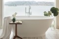 Alissa 236 Bathtub Installed with Freestanding Tub Filler Behind