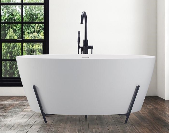 Freestanding Oval Bath with Modern Black Steel Cradle, Freestanding Faucet Behind Bath
