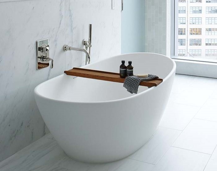 Freestanding Oval Bath with Raised Backrests, Curving Sides, Shown with Optional Tray