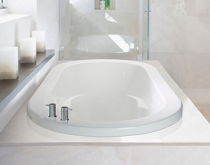 New Yorker shown as a drop-in soaking tub with a deck mount tub faucet, Virtual Spout option