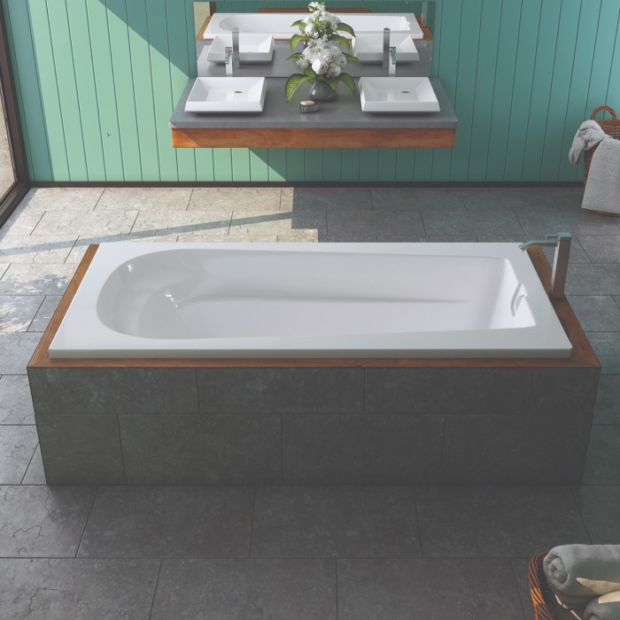 Barrington Drop-in Soaker Tub Installed in a Freestanding Wood & Tile Surround