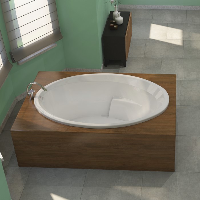 Catalina 2 Drop-in Soaker Tub Installed in a Freestanding Wood Surround