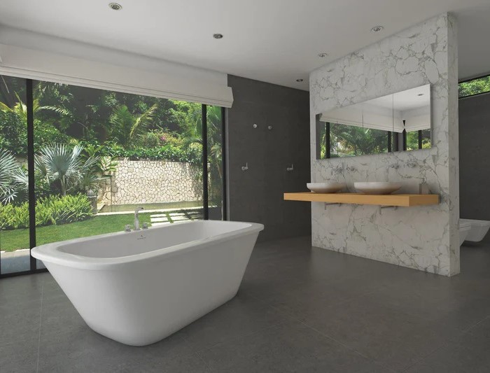 Rectangle Bathtub with Rounded Corners, Installed with Deck Mounted Tub Faucet