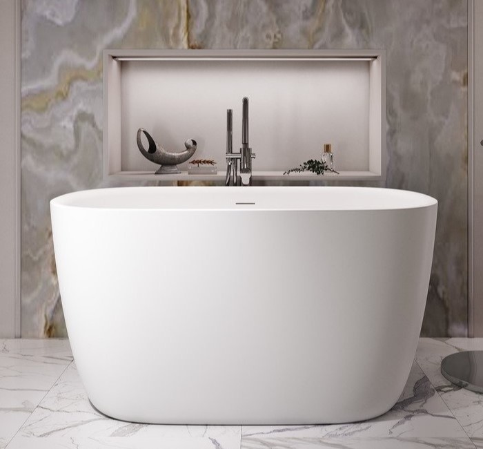 Small Oval Bath with a Flat Rim, Slightly Curving Sides, Shown in White