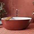 Red-Orange Skirt, White Rim and Interior, Modern Freestanding Tub with Rounded Sides