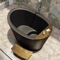 Black Japanese Style Freestanding Bath with Seat and Wood Tray