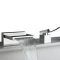 Waterfall deck mount tub filler with single handle control