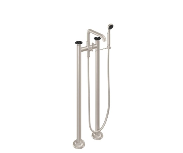Freestanding 2 Post Tub Filler, Squared Spout, Black Wheel Handle