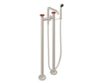 Freestanding 2 Post Tub Filler, Squared Spout, Red Wheel Handle