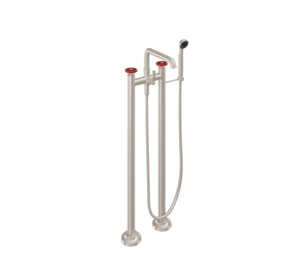 Freestanding 2 Post Tub Filler, Squared Spout, Red Wheel Handle