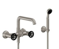 Wallmount Tub Filler, Squared Spout, Black Wheel Handle