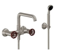 Wallmount Tub Filler, Squared Spout, Red Wheel Handle