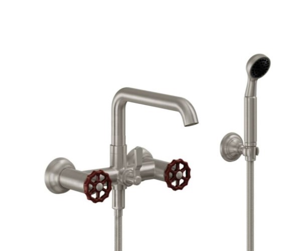 Wallmount Tub Filler, Squared Spout, Red Wheel Handle