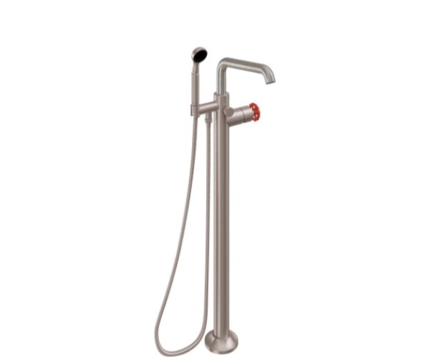 Freestanding Single Post Tub Filler, Squared Spout, Red Wheel Handle