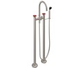 Freestanding 2 Post Tub Filler, Curving Spout, Red Wheel Handle