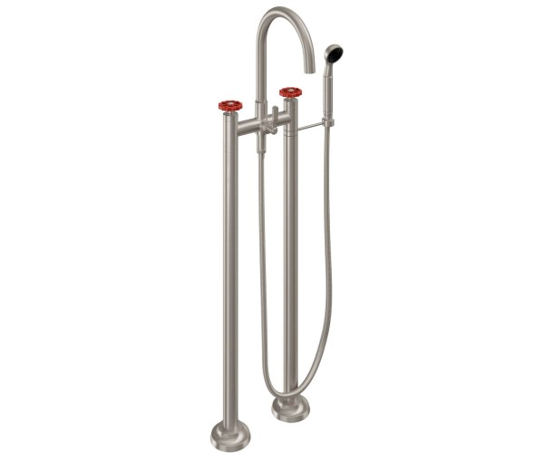 Freestanding 2 Post Tub Filler, Curving Spout, Red Wheel Handle