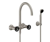 Wallmount Tub Filler, Curving Spout, Black Wheel Handle