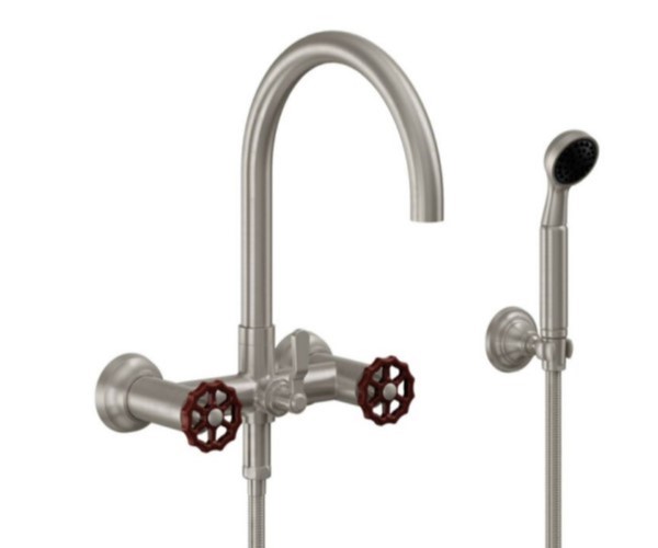 Wallmount Tub Filler, Curving Spout, Red Wheel Handle
