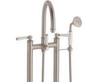 Traditional Curving Spout, White Lever Handles, 2 Leg Freestanding Tub Filler with Handshower