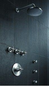 Custom Shower With Tiburon Thermostataic Control, Thin Line Shower Head and Body Sprays