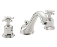 Widespread sink faucet with cross handles, curving spout