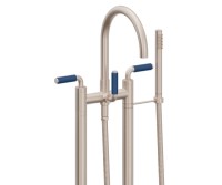 Curved Spout, 41 Blue Handle 2 Leg Freestanding Tub Filler