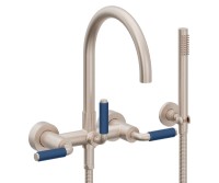 Curving Spout Bridge Wall Tub Filler with 41 Blue Handle, Handshower on a Hook