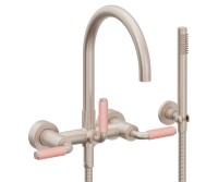 Curving Spout Bridge Wall Tub Filler with 41 Pink Handle, Handshower on a Hook