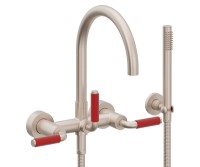 Curving Spout Bridge Wall Tub Filler with 41 Red Handle, Handshower on a Hook