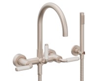 Curving Spout Bridge Wall Tub Filler with 41 White Handle, Handshower on a Hook