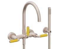 Curving Spout Bridge Wall Tub Filler with 41 Yellow Handle, Handshower on a Hook