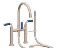Tall Curving Spout, Bridge Style Tub Filler, 41 Blue Handles