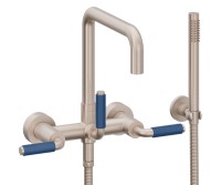 Quad Spout Bridge Wall Tub Filler with 41 Blue Handle, Handshower on a Hook