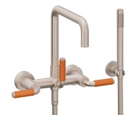 Quad Spout Bridge Wall Tub Filler with 41 Orange Handle, Handshower on a Hook