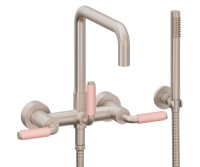 Quad Spout Bridge Wall Tub Filler with 41 Pink Handle, Handshower on a Hook
