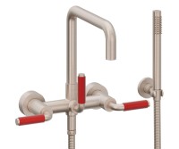 Quad Spout Bridge Wall Tub Filler with 41 Red Handle, Handshower on a Hook