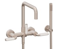 Quad Spout Bridge Wall Tub Filler with 41 White Handle, Handshower on a Hook