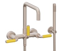 Quad Spout Bridge Wall Tub Filler with 41 Yellow Handle, Handshower on a Hook