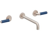 Long Spout 2 Handle Wall Sink Faucet, Blue Porcelain Post Handles